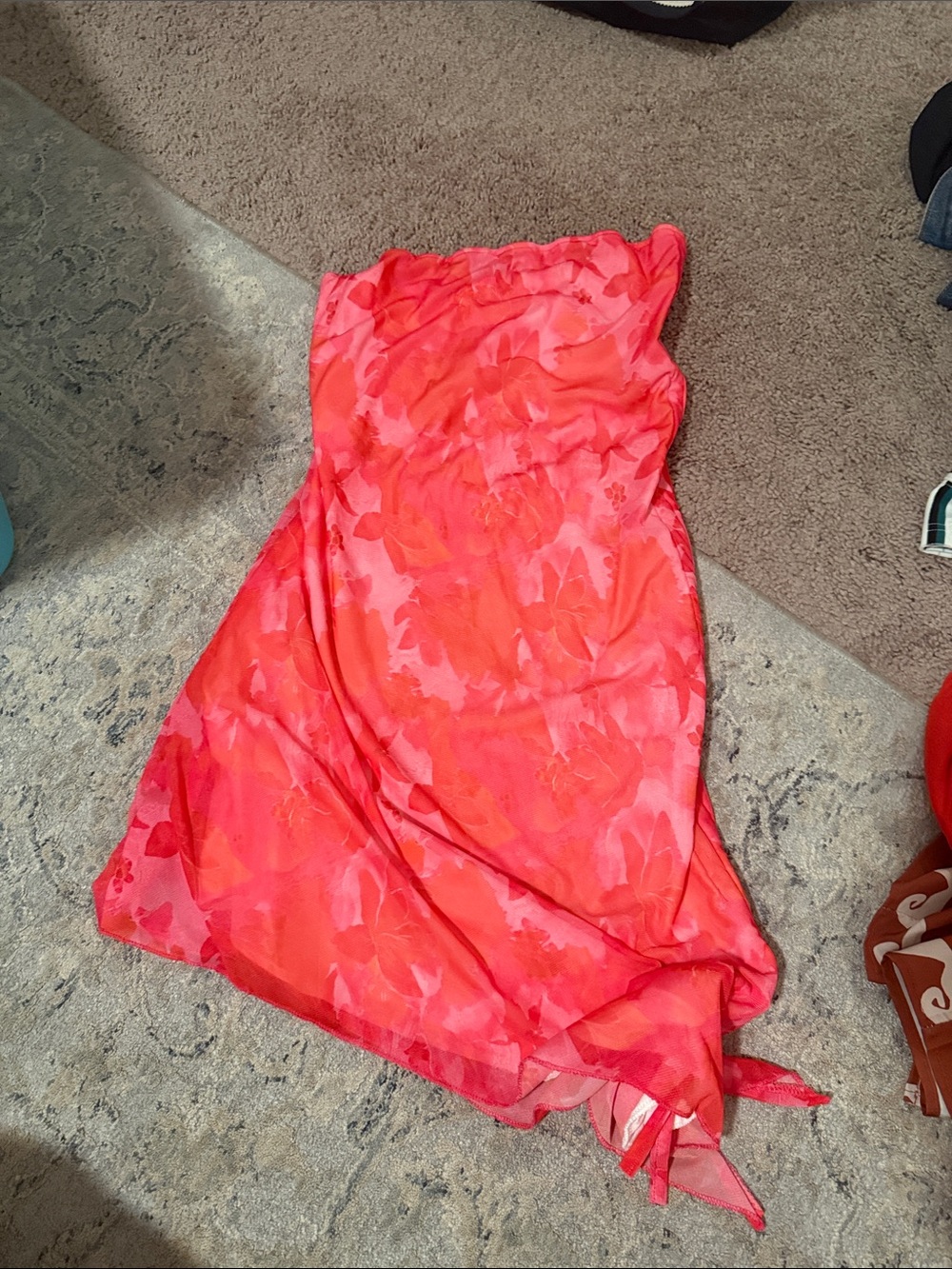 Coral Pink Floral Strapless Dress